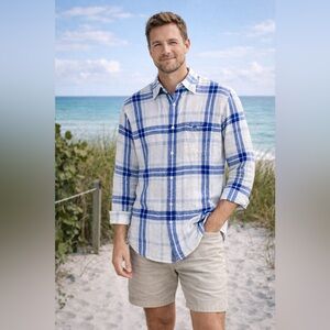 BROOKS BROTHERS Linen Shirt Slim Fit Blue White Plaid LS Button Down Men’s XL
